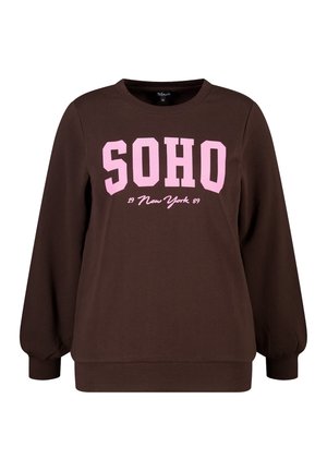 Bruine sweatshirt met lange mouwen, voorzien van een roze grafische tekst "SOHO 19 New York 89" op de voorkant. Ribgebreide manchetten en onderrand. Zachte stofstructuur.
