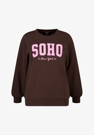 Bruine sweatshirt met lange mouwen, voorzien van een roze grafische tekst "SOHO 19 New York 89" op de voorkant. Ribgebreide manchetten en onderrand. Zachte stofstructuur.