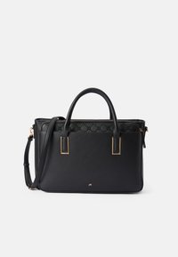 Black leather tote bag with dual handles, adjustable shoulder strap, gold hardware, and quilted upper panel with monogram pattern.
