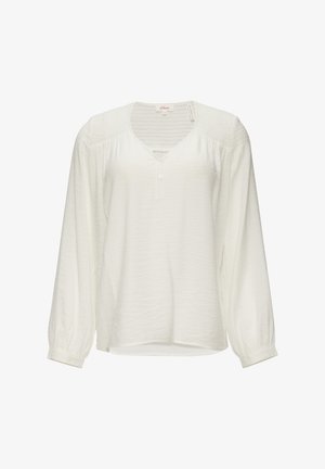 Weiße Langarmbluse mit V-Ausschnitt und Knopfdetails, aus strukturiertem Stoff und mit gerafften Ärmeln, die eine lockere Passform bietet.