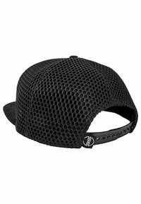 Black cap featuring a mesh design with hexagonal openings, a solid front brim, and an adjustable plastic strap at the back.