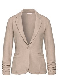 Beige blejzr s klopovým límcem, uzavíráním na jeden knoflík, dvěma předními kapsami a texturovanou tkaninou. Slim fit s nařasenými detaily na rukávech.