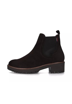Stivaletto Chelsea in suede nero con pannelli laterali elastici, linguetta per infilare e suola in gomma testurizzata, caratterizzato da un bordo cucito a contrasto.