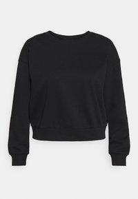 Sudadera corta negra con mangas largas, hecha de tela suave, con un cuello redondo y puños y dobladillo de canalé. Sin patrones ni detalles.