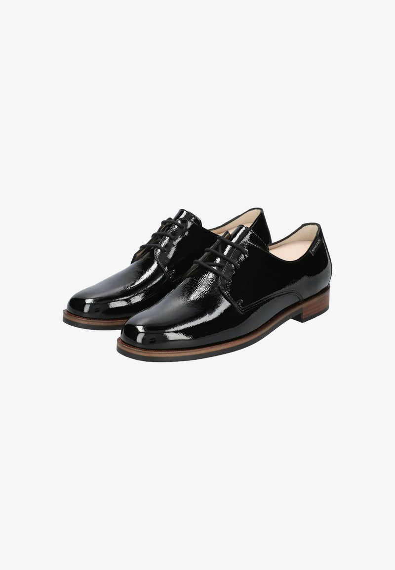 Chaussures de ville en cuir noir brillant avec un design à lacets, bout arrondi et petit talon en bois. Présentent une texture lisse et des accents minimalistes.