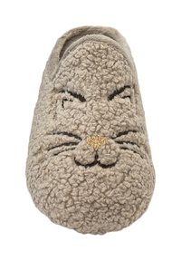 Beige slipper met een textuur en een fluffy buitenkant. Heeft een kattengezicht ontwerp, inclusief gestikte snorharen en een gouden neusdetail.