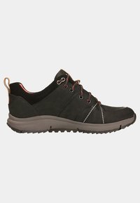 Black suede walking shoes with red accents, textured mesh tongue, reinforced eyelets, and a cushioned rubber sole for support and traction.