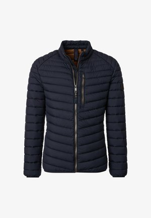 Giubbotto imbottito da uomo in nylon blu navy, con zip frontale, tasca con zip sul petto e colletto rialzato, mostrato su sfondo bianco.