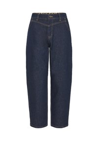 Donkerblauwe denim jeans met een relaxte fit, voorzien van gele stiksels, een knoopsluiting aan de voorkant en een standaard vijf-pocketdesign.