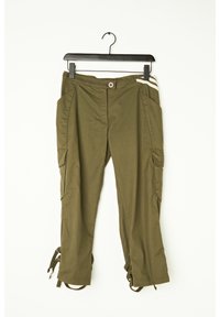 Olive green cargo pants with two side pockets, button closure, and adjustable tied hems. Made from a lightweight fabric with a smooth texture.