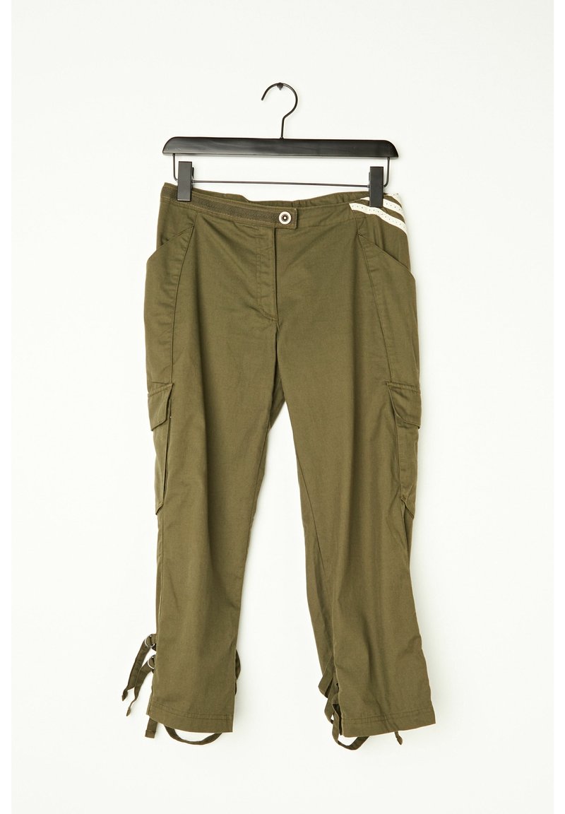 Olive green cargo pants with two side pockets, button closure, and adjustable tied hems. Made from a lightweight fabric with a smooth texture.