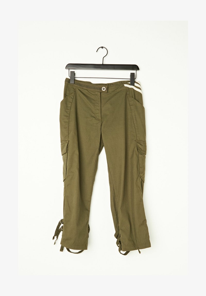 Olive green cargo pants with two side pockets, button closure, and adjustable tied hems. Made from a lightweight fabric with a smooth texture.