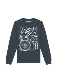 Donkerblauwe sweatshirt met een witte grafische print van fietsonderdelen, waaronder een wiel, tandwielen en gereedschap. Klassieke ronde hals.