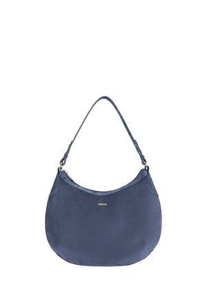 Navy blue suede hobo bag with a curved shape, a single shoulder strap, and a gold logo detail on the front. Smooth texture, zip closure.