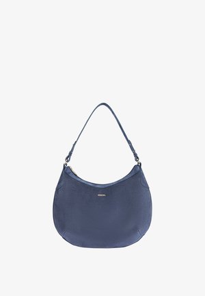 Navy blue suede hobo bag with a curved shape, a single shoulder strap, and a gold logo detail on the front. Smooth texture, zip closure.