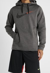 Sweatshirt à capuche gris avec des cordons noirs et un logo Nike réfléchissant orange. Porté sur un short noir avec un accent rouge et un logo vert.