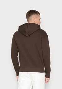 Brun hætte sweatshirt med en blød tekstur, lange ærmer og et tætsiddende kant, set bagfra. Minimalistisk design uden synlige mønstre.