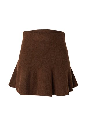 Brauner, ausgestellter Rock aus strukturiertem Stoff mit einem taillierten Bund, der ein dezentes Rippmuster und einen fließenden Saum aufweist.