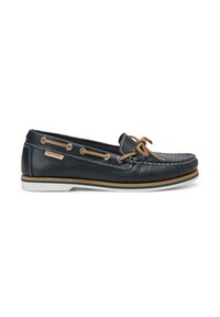 Marineblaue Leder Slipper mit strukturiertem Finish, braunen Schnürsenkeln, weißen Nähten und einer kontrastierenden beige-weißen Sohle.