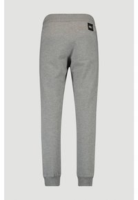 Gray sweatpants with a soft texture, elastic waistband, and ribbed cuffs, featuring a small brand label on the back.