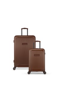 Two brown suitcases stacked, featuring a ribbed design, hard plastic material, retractable handles, and four wheels for mobility.