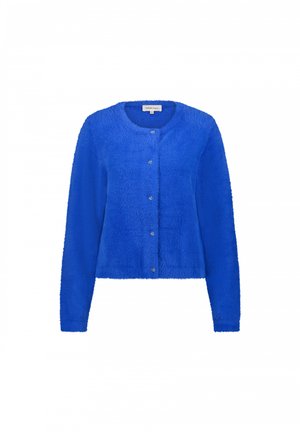Blue fuzzy cardigan with long sleeves, rounded neckline, and five buttons at the front. Soft texture and cropped hemline.
