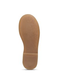 Světle hnědá podrážka s květinovým vzorem a horizontálními drážkami; obsahuje embosované logo a číselný detail na patě.