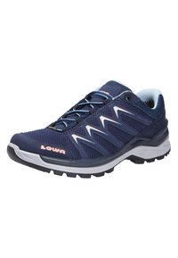 Dark blue hiking shoe featuring a breathable mesh upper, light blue accents, and a rugged rubber sole with defined tread patterns.