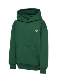 Grüne Kapuzenjacke aus weichem Stoff, mit einer Vordertasche, elastischen Bündchen und einem kleinen Logo auf der Brust. Klassischer, lässiger Schnitt.