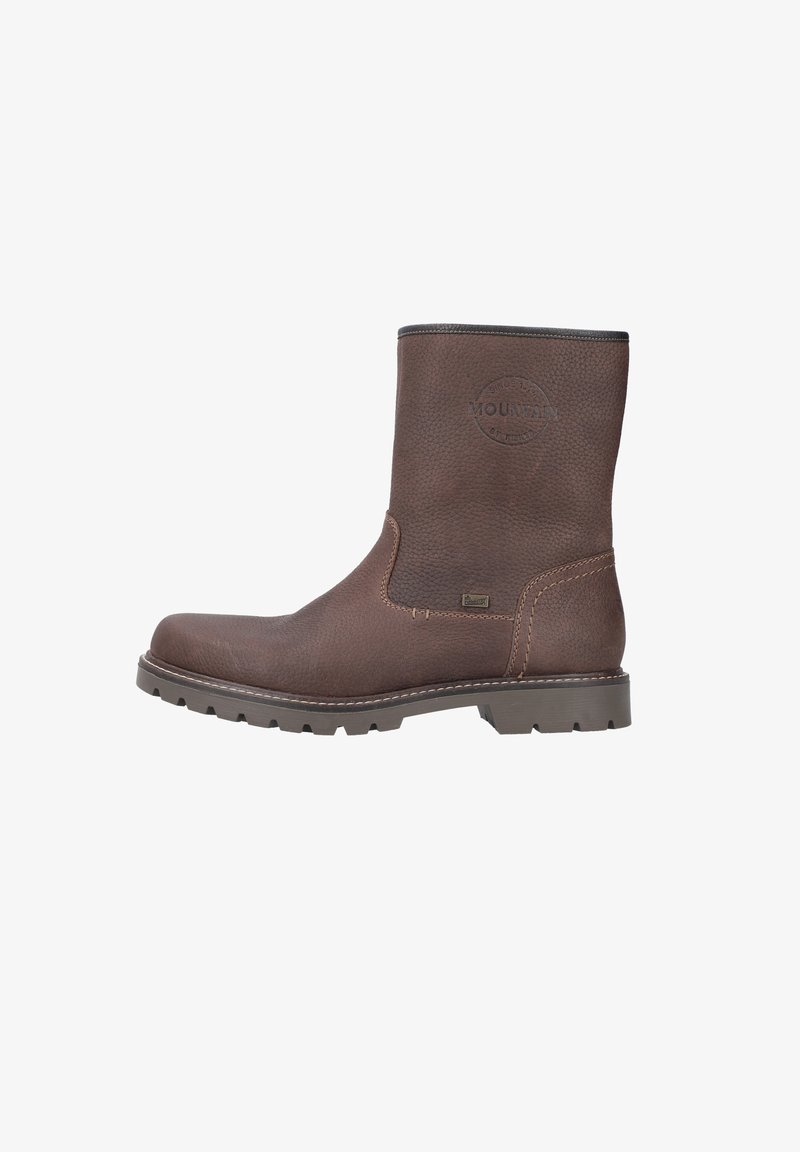 Braune Leder-Stiefelette mit strukturiertem Obermaterial, runder Zehenpartie und niedrigem Blockabsatz. Mit einem Logodetail und kontrastierenden Nähten.