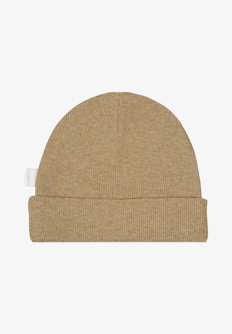 Knit beige beanie with ribbed texture and turned-up cuff. Tag visible on the side. Soft material suitable for cold weather.