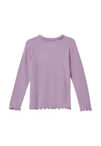 Lavendel langemouwen top met geribbelde textuur, golvende halslijn en franje manchetten. Heeft een cropped hem en lichtgewicht stof.