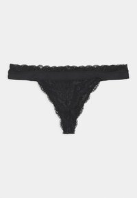 Schwarzer Spitzen-Thong mit einem gewellten elastischen Bund, der mit floralem Spitzen-Detail versehen ist, und einem weichen Stoffuntergrund für optimalen Komfort.
