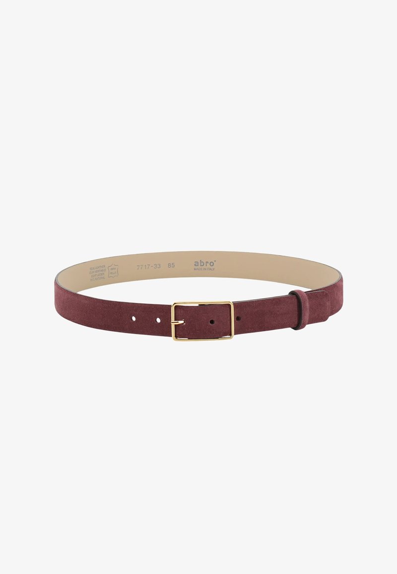 Burgundy suede belt with a smooth texture, gold metal buckle, and five adjustable notches. Interior features brand and size information.