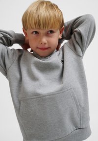 Grau Hoodie aus weichem Baumwollmix, mit Kängurutasche, gerippten Bündchen und einem dezenten Logo auf der Brust.