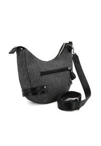 Borsa a spalla in tessuto grigio con una forma curvilinea, dettagli in pelle nera, una tasca frontale con zip e una tracolla regolabile.