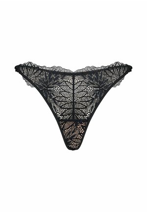 Czarny koronkowy damski string z kwiatowym wzorem i falistymi krawędziami na białym tle.