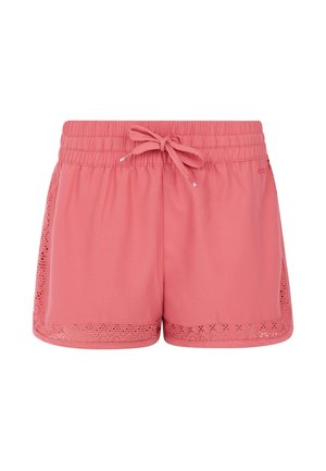 Ružové športové šortky s elastickým pásom, šnúrkou na stiahnutie a čipkovou podšívkou na leme. Vyrobené z mäkkej, ľahkej tkaniny.