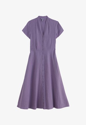 Robe midi pour femme à manches courtes violette, boutonnée, avec encolure en V et taille cintrée, confectionnée dans un tissu léger avec une jupe évasée.