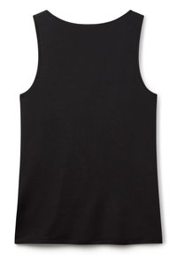 Czarny top na ramiączkach z okrągłym dekoltem i bezrękawowym krojem. Wykonany z gładkiego materiału. Prosty, jednolity kolor bez wzorów czy akcentów.