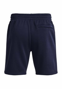 Pantalones cortos azul marino hechos de una mezcla de algodón. Presentan una cintura elástica, bolsillos laterales y un bolsillo trasero con un diseño simple.