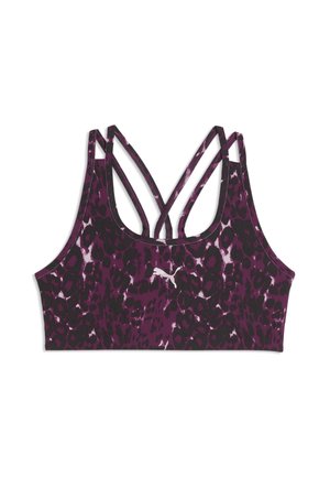 Lilla og sort leopardprint sports-bh med krydsede stropper og en hvid Puma-logo midt foran.