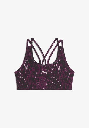 Lila-schwarzer Sport-BH mit Leopardenmuster, gekreuzten Trägern und einem weißen Puma-Logo mittig vorne.