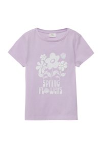 Lila katoenen t-shirt met een wit bloemenprintdesign en de tekst "Lente Bloemen." Korte mouwen en een ronde halsstijl.