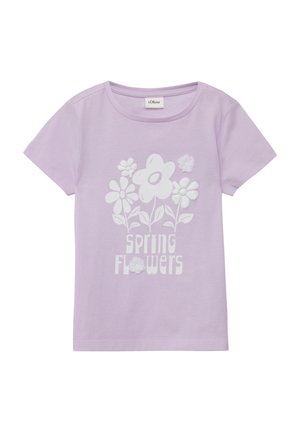 Lila katoenen t-shirt met een wit bloemenprintdesign en de tekst "Lente Bloemen." Korte mouwen en een ronde halsstijl.