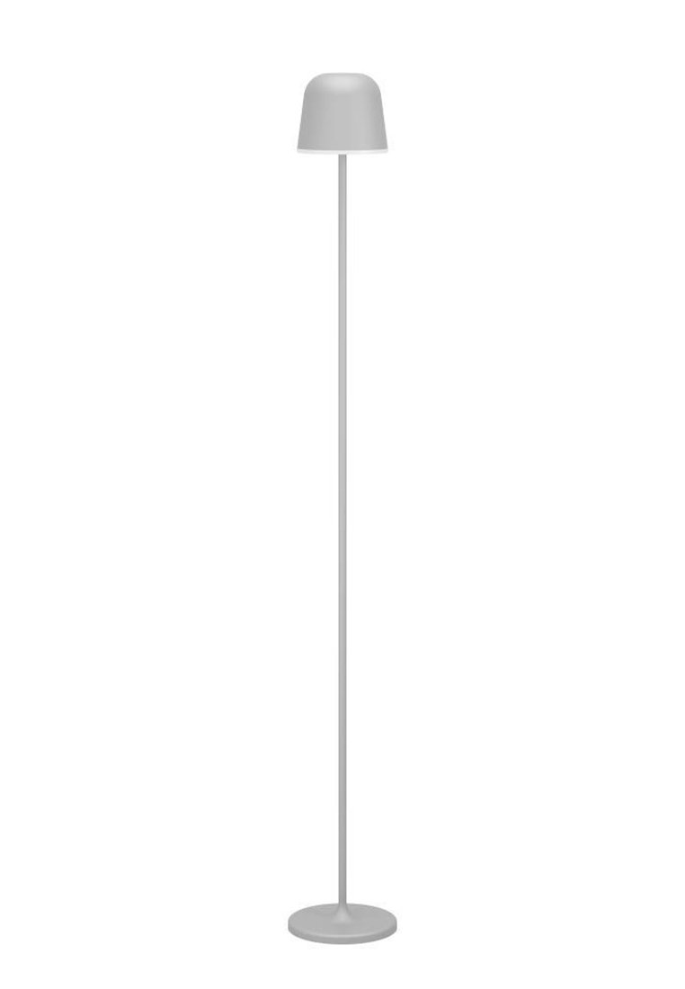 Weiße Stehlampe mit einem abgerundeten Schirm und einem langen, schlanken Ständer. Verfügt über einen kreisförmigen Sockel. Glatte, matte Oberfläche. Schlichtes Design.