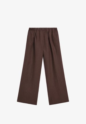 Pantalons en lin marron à jambes larges avec une ceinture élastique et des plis verticaux. Le tissu a une texture lisse et un design simple.