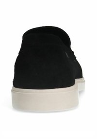 Black suede shoes with a rounded heel and a white rubber sole. Simple design with no visible patterns or accents. Rear view shown.