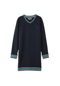 Robe sweat couleur marine avec un décolleté en V, des manches longues et des poignets rayés. Présente des accents turquoise et blancs au niveau de l'encolure et de l'ourlet.
