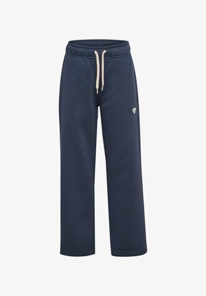 Marineblå joggingbukser med elastisk talje, hvid snor, sidelommer og lille lysefarvet logo på venstre lår.